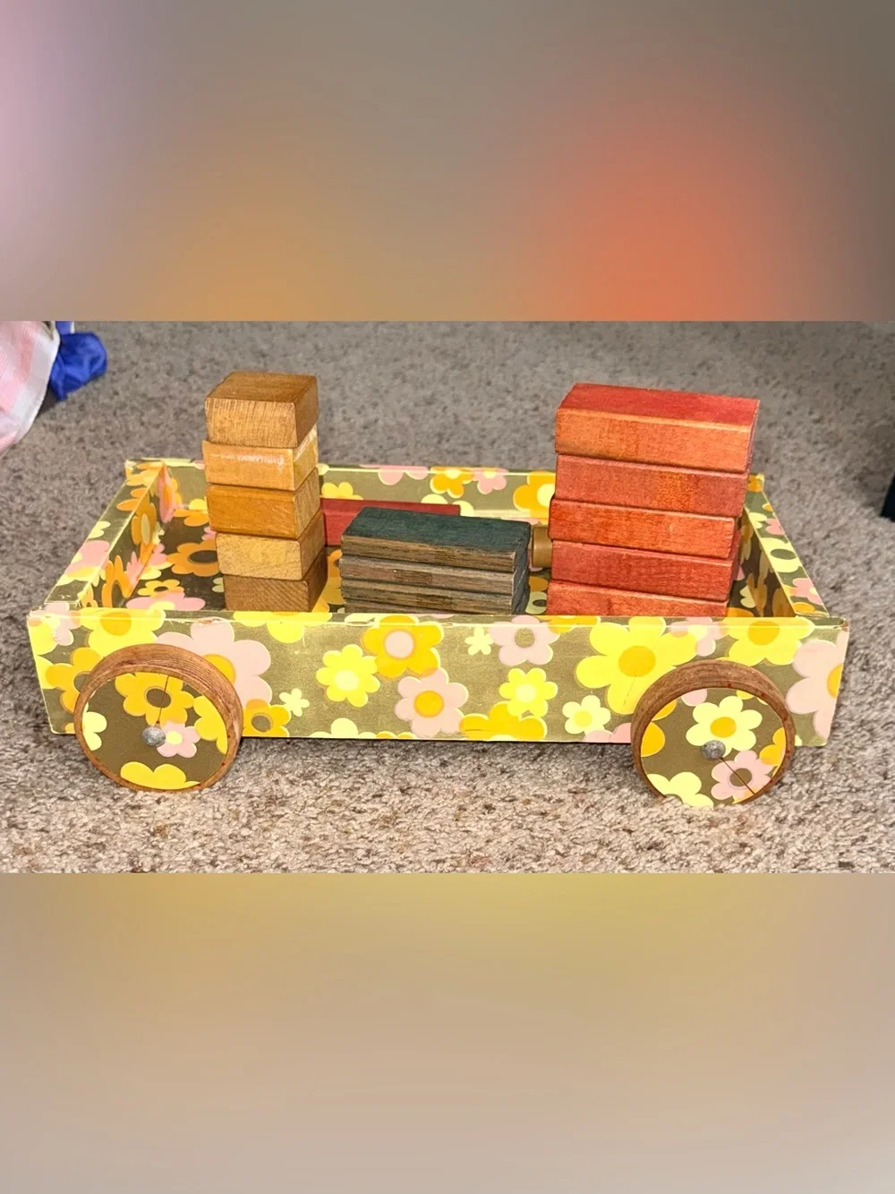 Vintage 1970s Wooden Block Wagon Set - Retro Mod Floral Rolling Cart 22 Blocks!